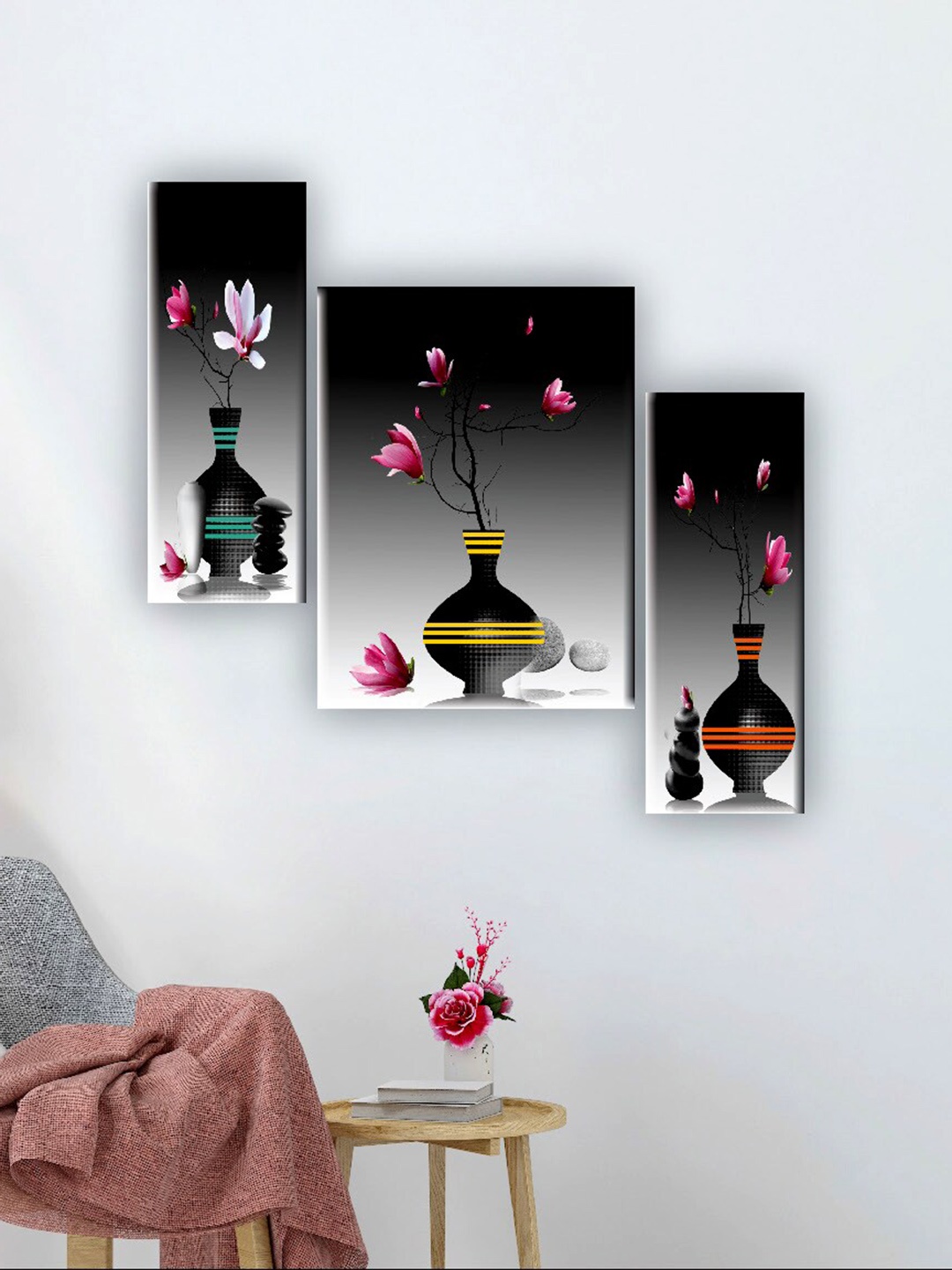 

SAF Black & Yellow 3 Pieces Flower Pot Wall Art