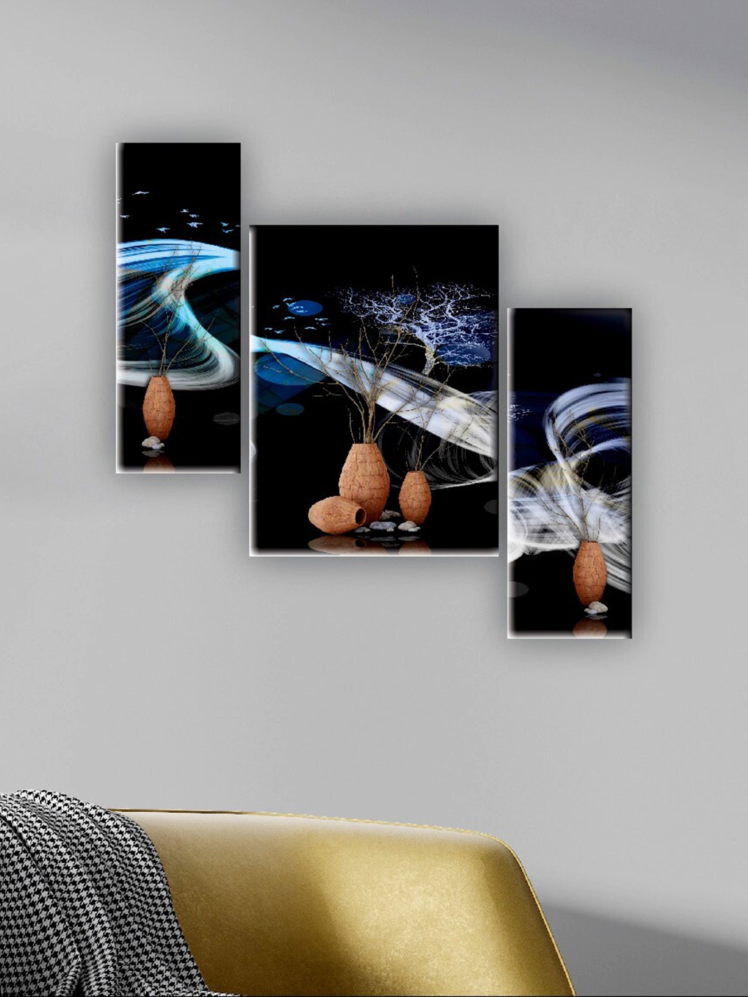 

SAF Black & Blue 3 Pieces Flower Pot Wall Art