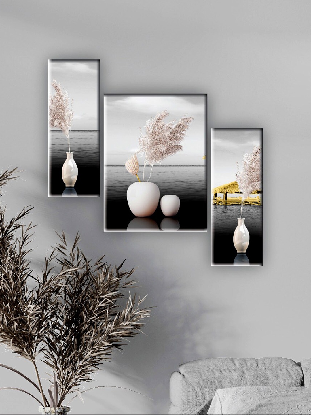 

SAF White & Black 3 Pieces Flower Pot Wall Art
