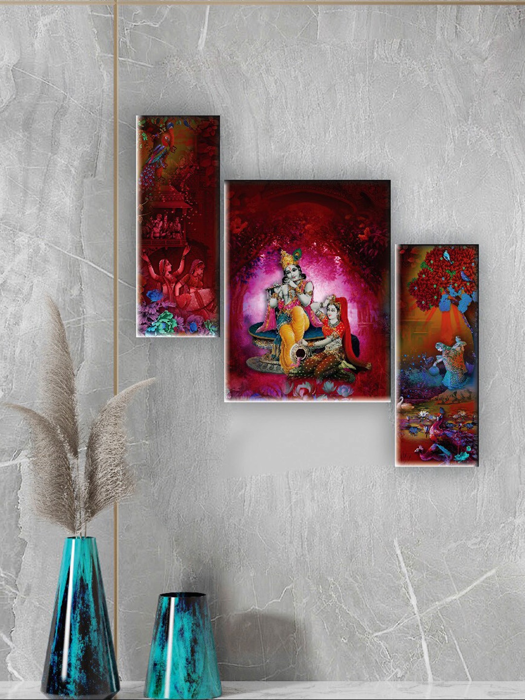 

SAF Pink & Blue 3 Pieces Radha Krishna Wall Art