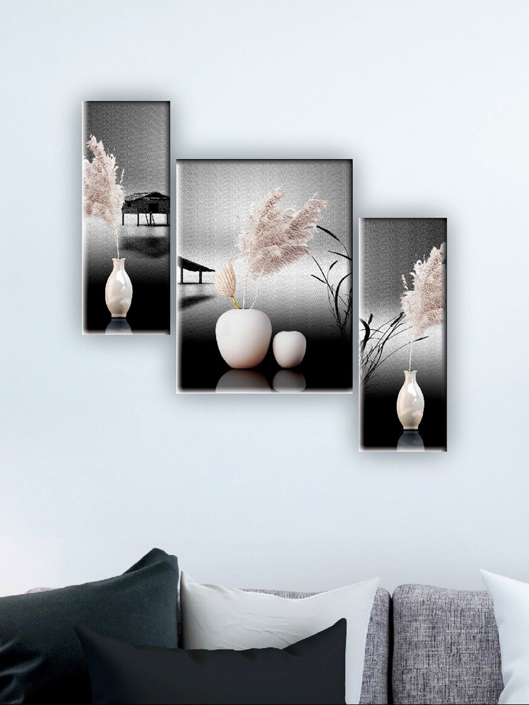 

SAF Black & White 3 Pieces Flower Pot Wall Art