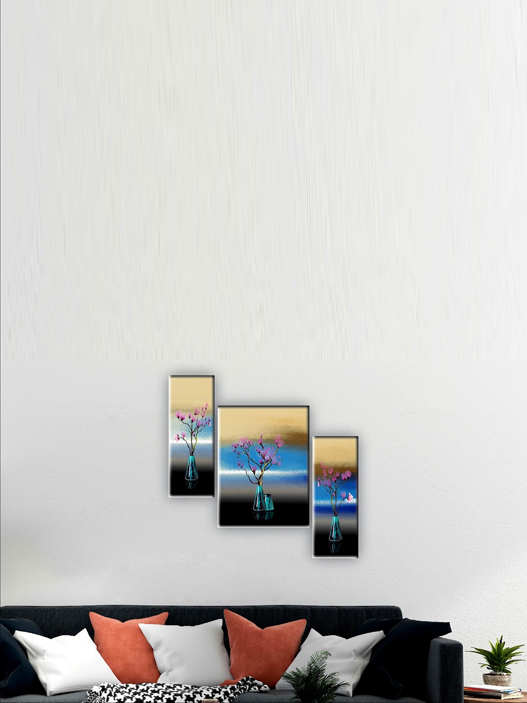 

SAF Blue & Black 3 Pieces Flower Pot Wall Art
