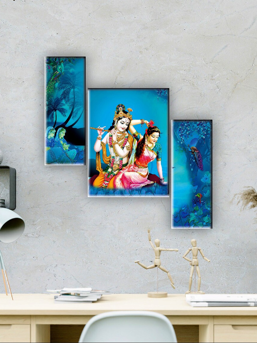 

SAF Blue & Green 3 Pieces Radha Krishna Wall Art