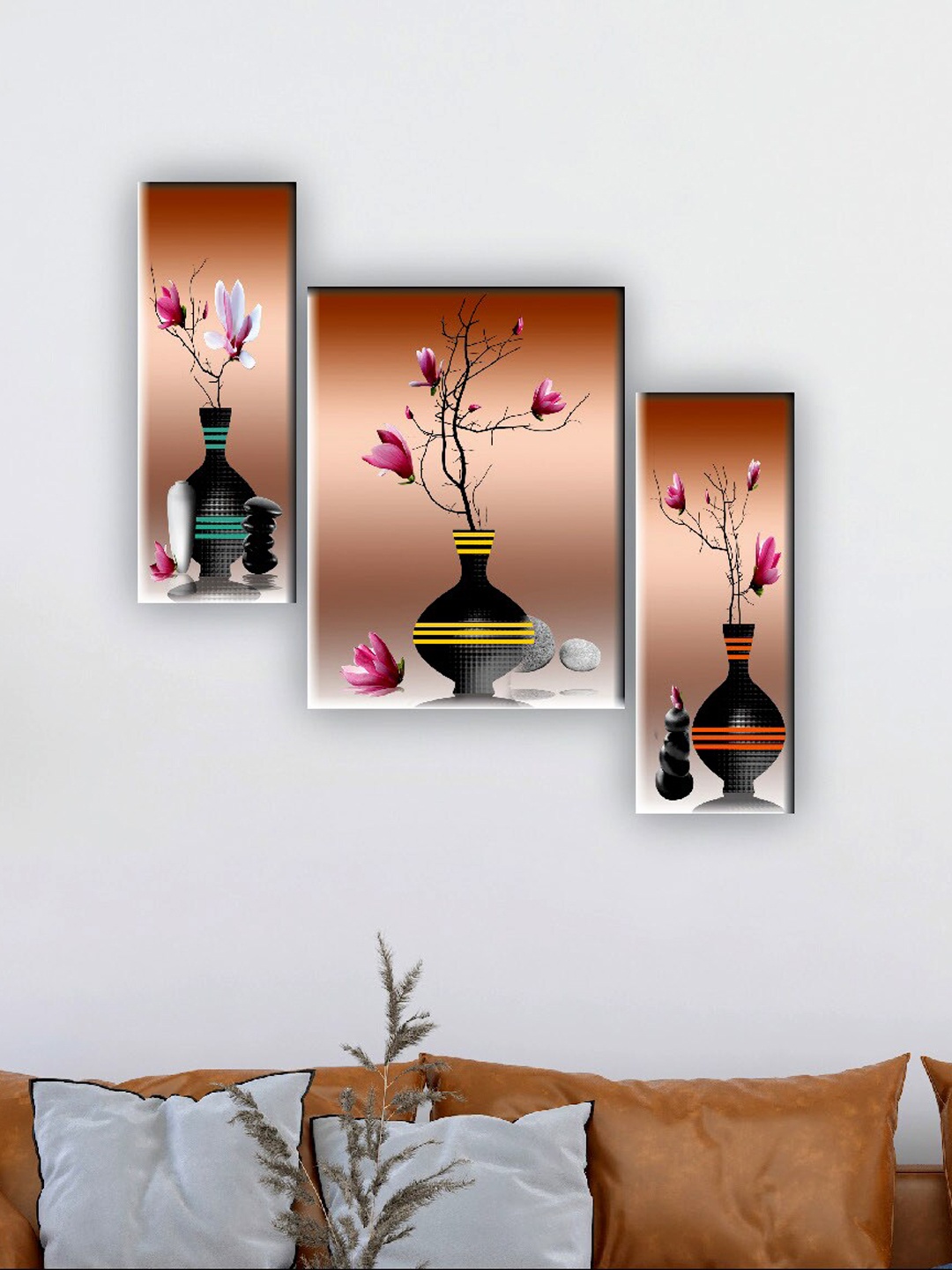 

SAF Brown & Black 3 Pieces Flower Pot Wall Art