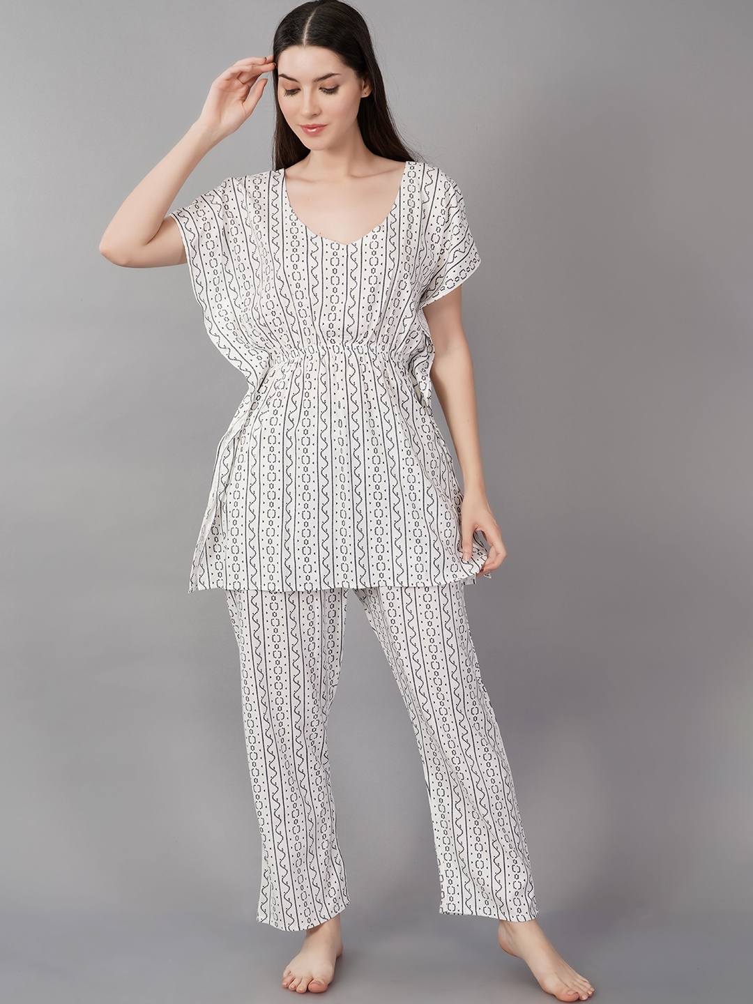 

Noty Ethnic Motifs Printed Kaftan Night Suit, Off white