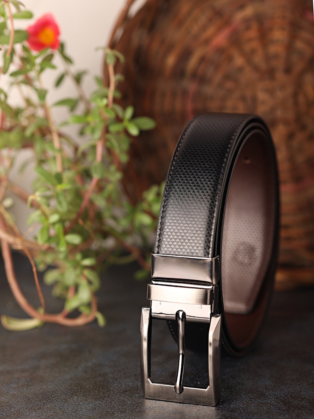 

ZEVORA Men Textured Leather Reversible Belt, Black