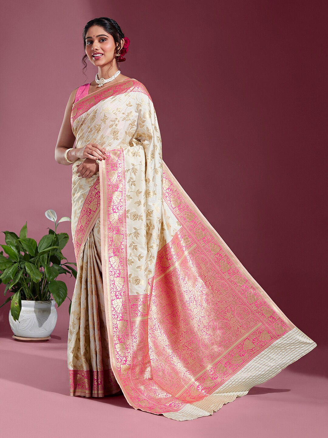 

panchhi Floral Woven Design Zari Satin Banarasi Saree, White