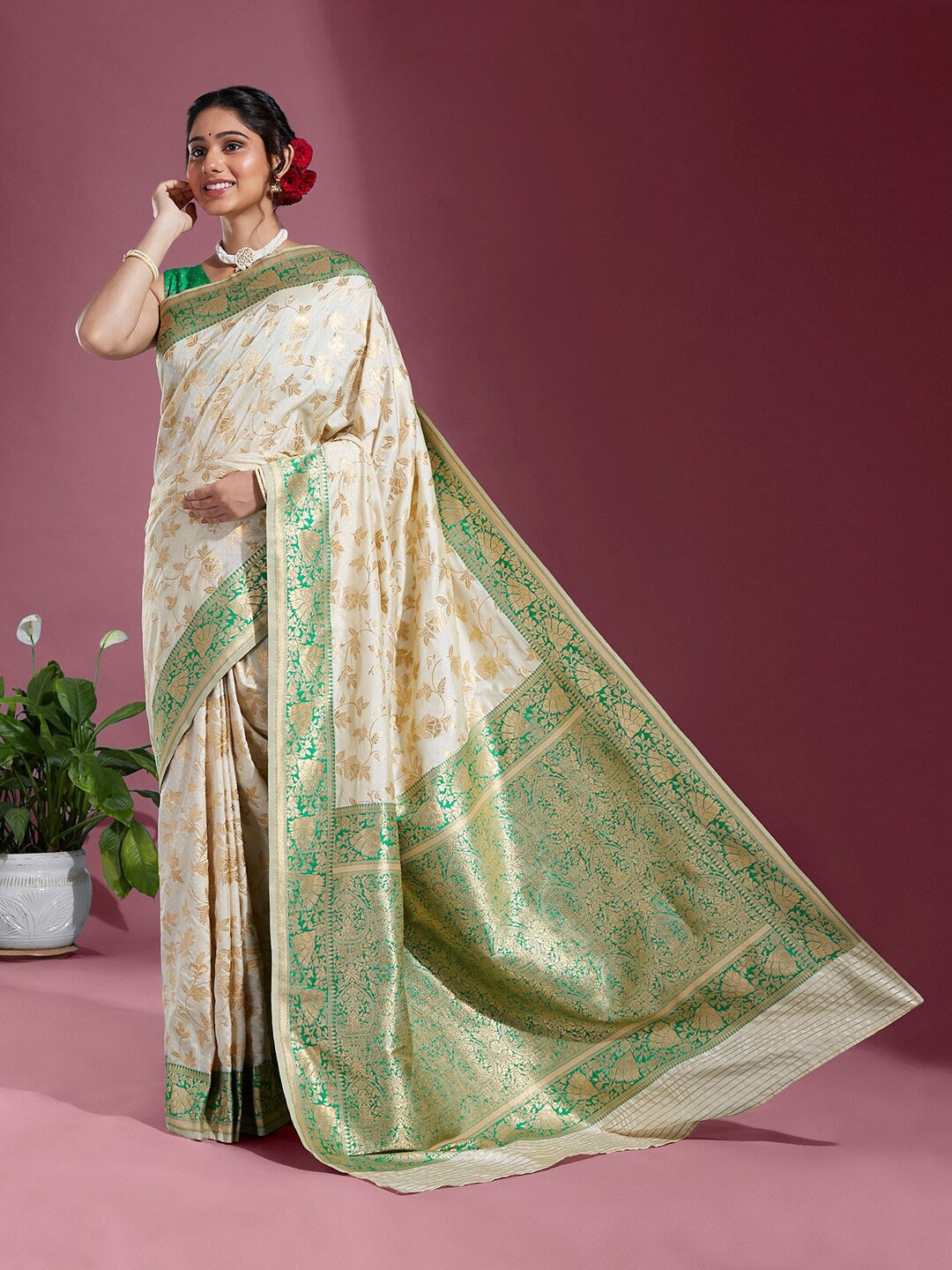 

panchhi Floral Woven Design Zari Satin Banarasi Saree, White