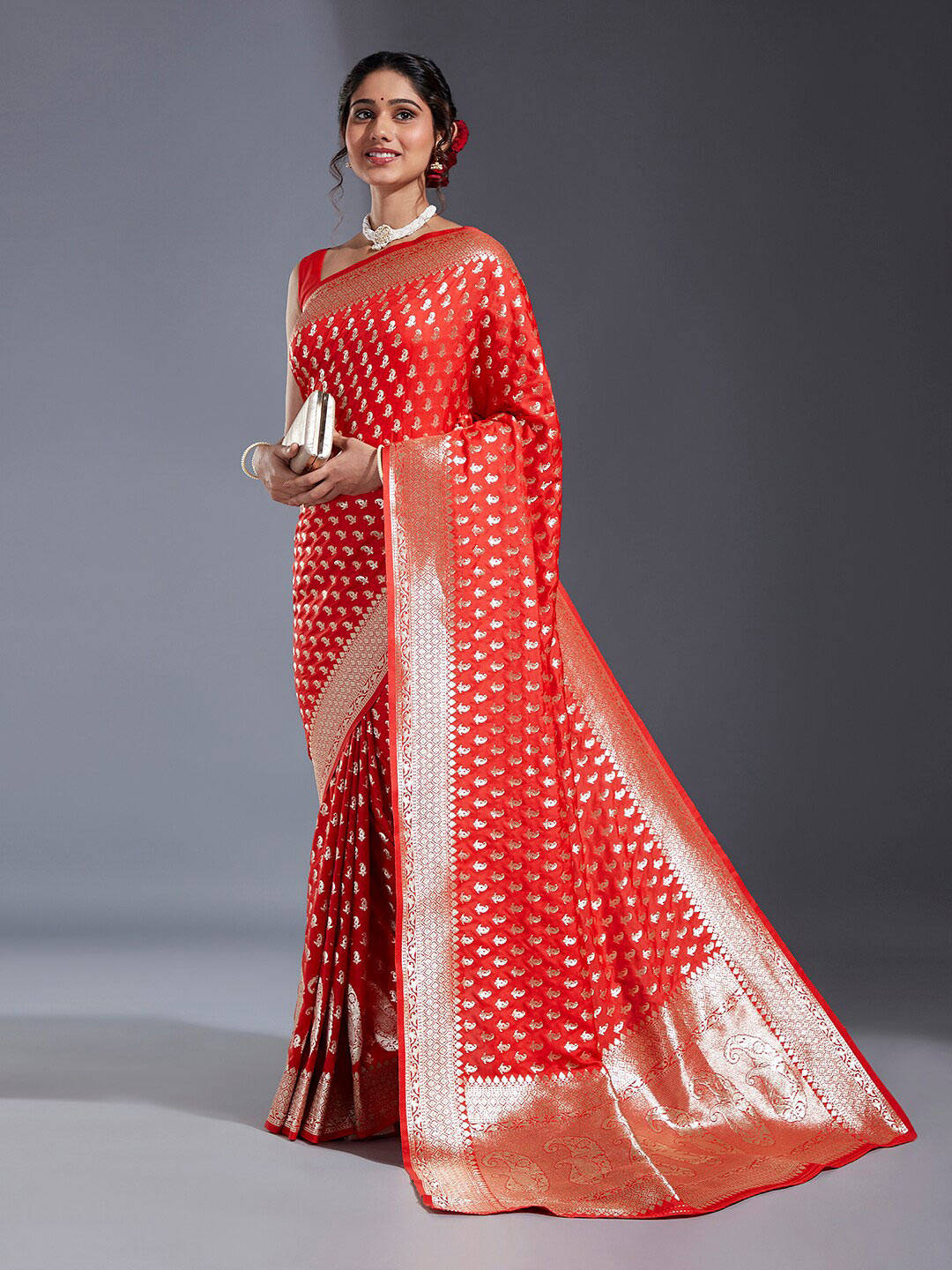 

panchhi Paisley Woven Design Zari Satin Banarasi Saree, Red
