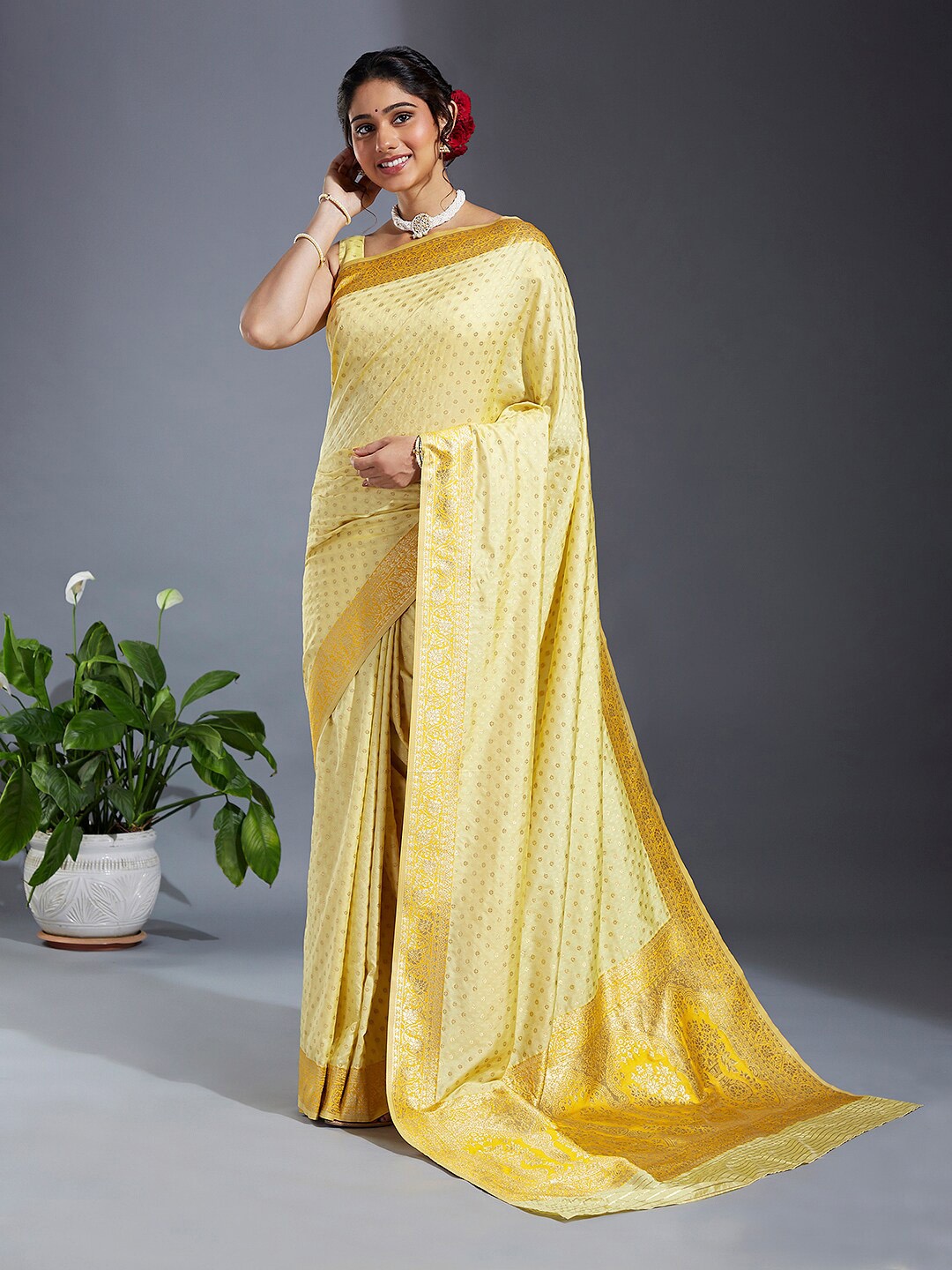

panchhi Floral Woven Design Zari Satin Banarasi Saree, Yellow