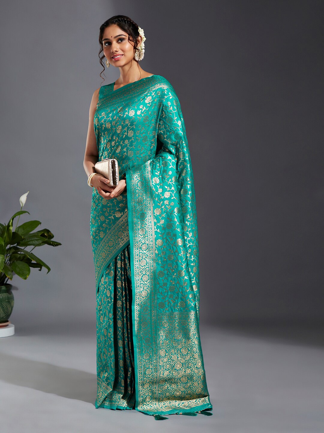 

panchhi Floral Woven Design Zari Satin Banarasi Saree, Teal