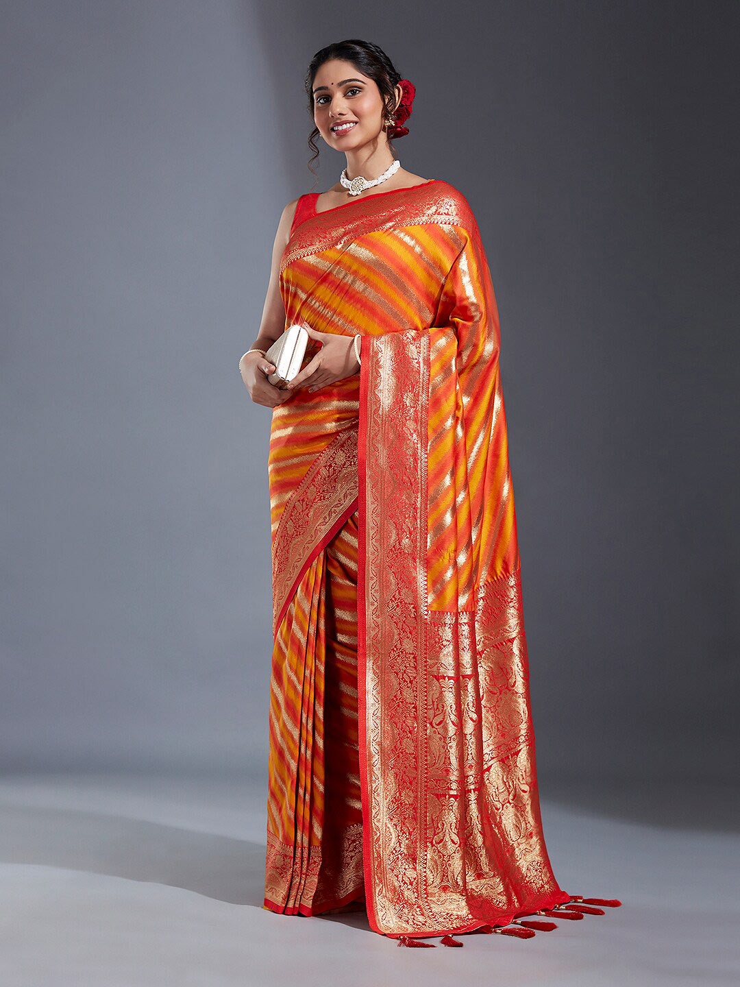 

panchhi Striped Zari Satin Banarasi Saree, Mustard