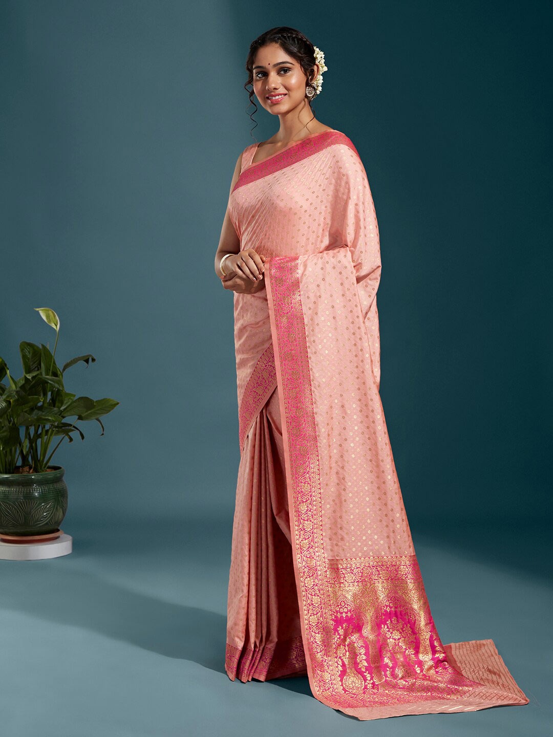

panchhi Floral Woven Design Zari Satin Banarasi Saree, Coral