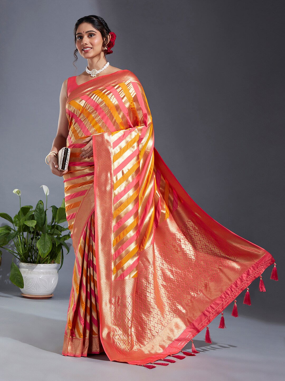 

panchhi Ethnic Woven Design Zari Satin Banarasi Saree, Coral