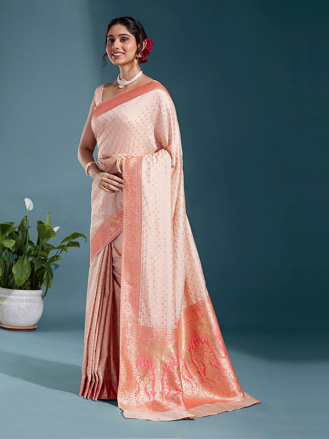 

panchhi Ethnic Woven Design Zari Satin Banarasi Saree, Peach