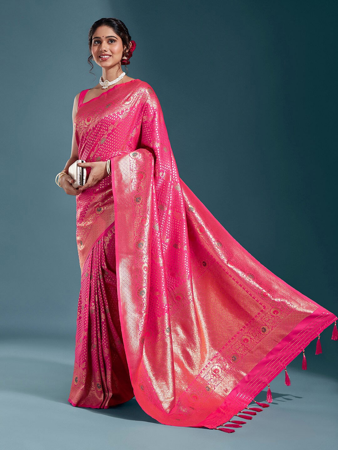 

panchhi Ethnic Woven Design Zari Satin Banarasi Saree, Pink