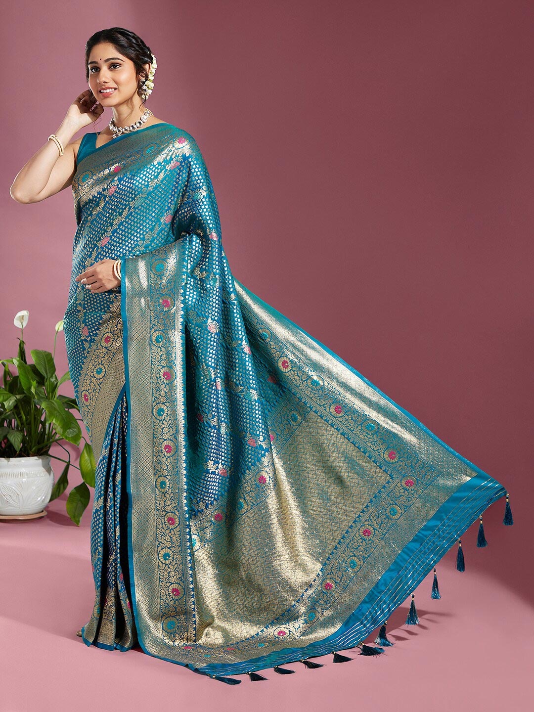 

panchhi Ethnic Woven Design Zari Satin Banarasi Saree, Teal