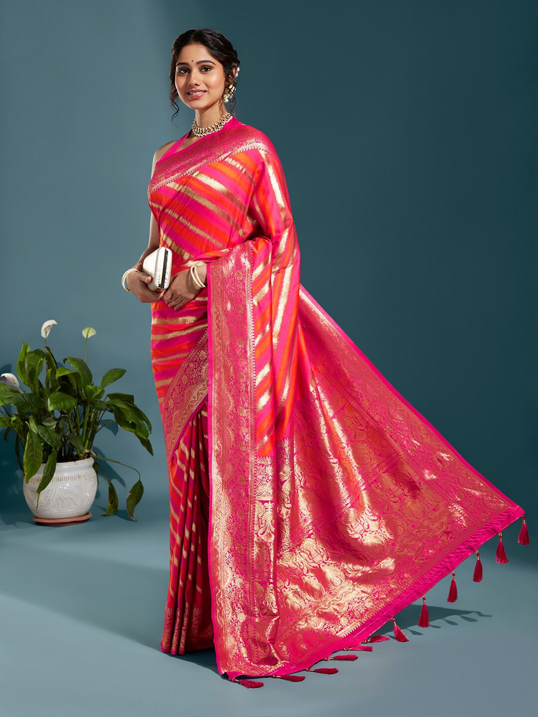 

panchhi Striped Zari Satin Banarasi Saree, Pink