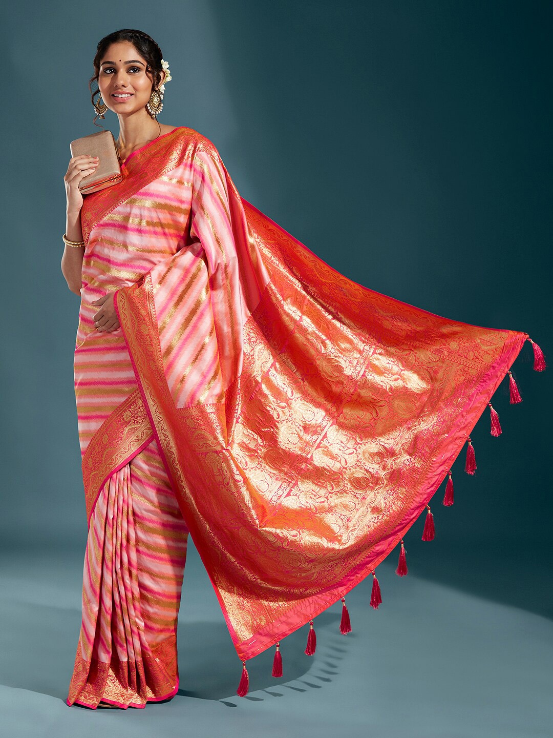 

panchhi Striped Zari Satin Banarasi Saree, Coral