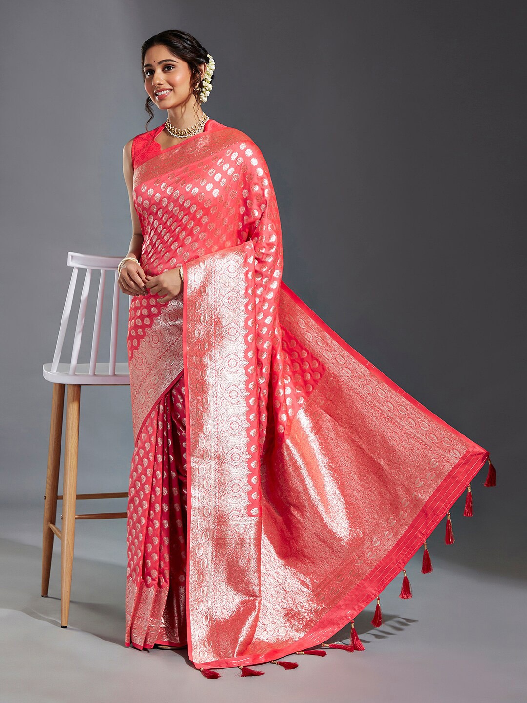 

panchhi Ethnic Woven Design Zari Satin Banarasi Saree, Coral