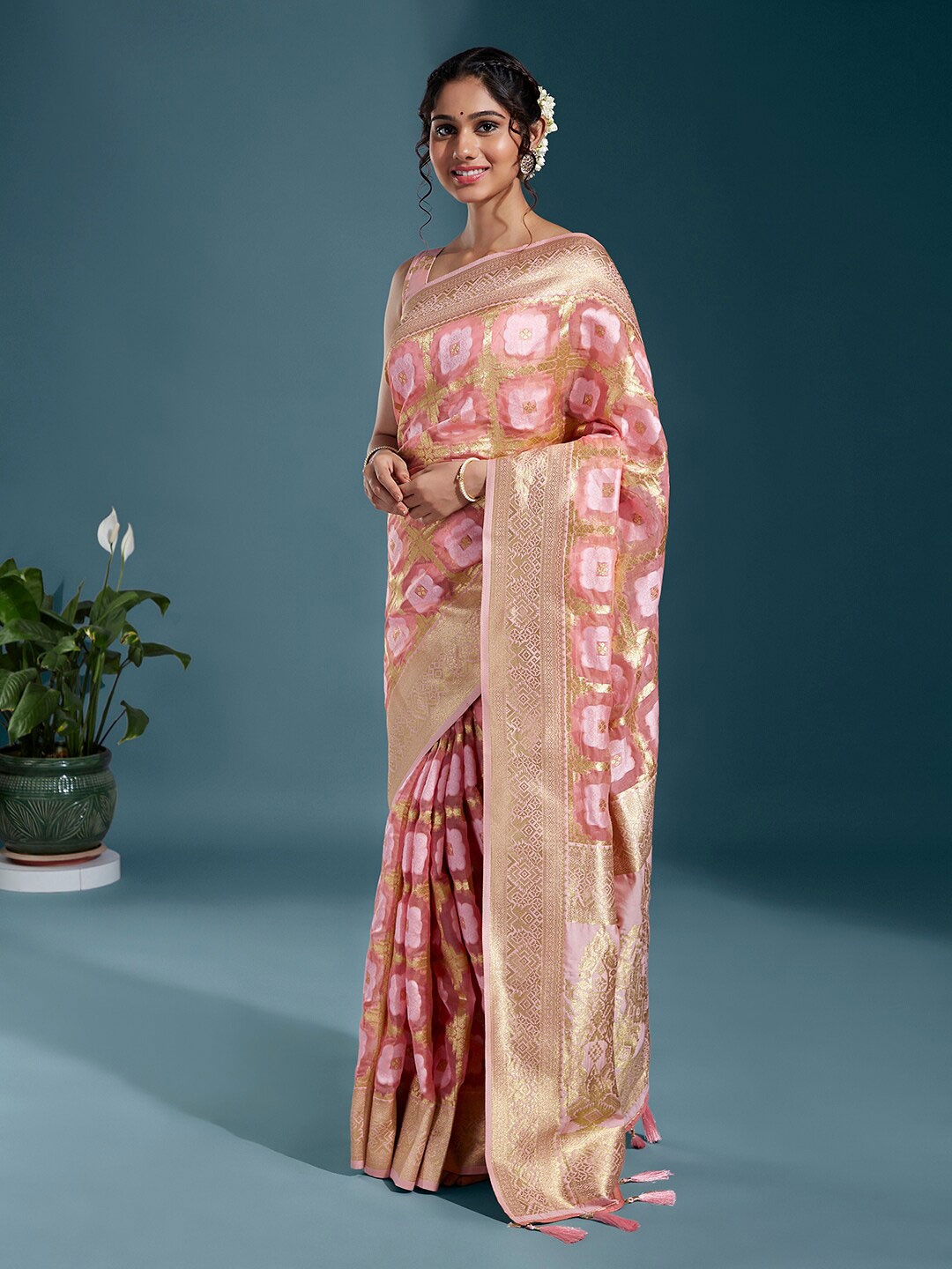 

panchhi Ethnic Woven Design Zari Satin Banarasi Saree, Coral