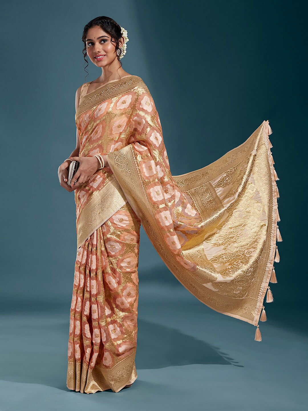 

panchhi Ethnic Woven Design Zari Satin Banarasi Saree, Peach