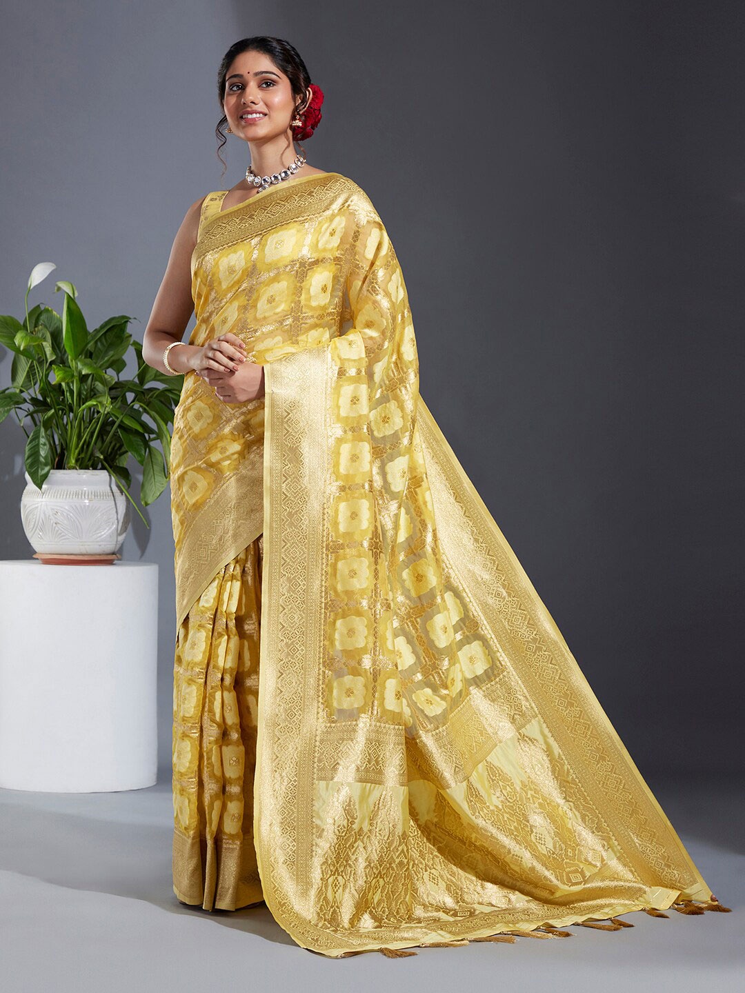 

panchhi Ethnic Woven Design Zari Satin Banarasi Saree, Yellow