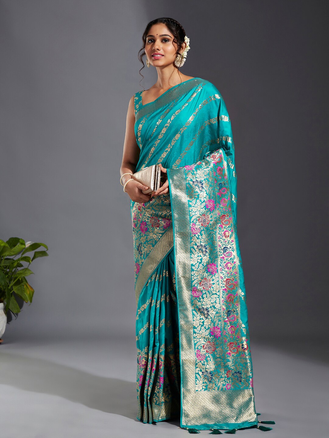 

panchhi Ethnic Woven Design Zari Satin Banarasi Saree, Sea green