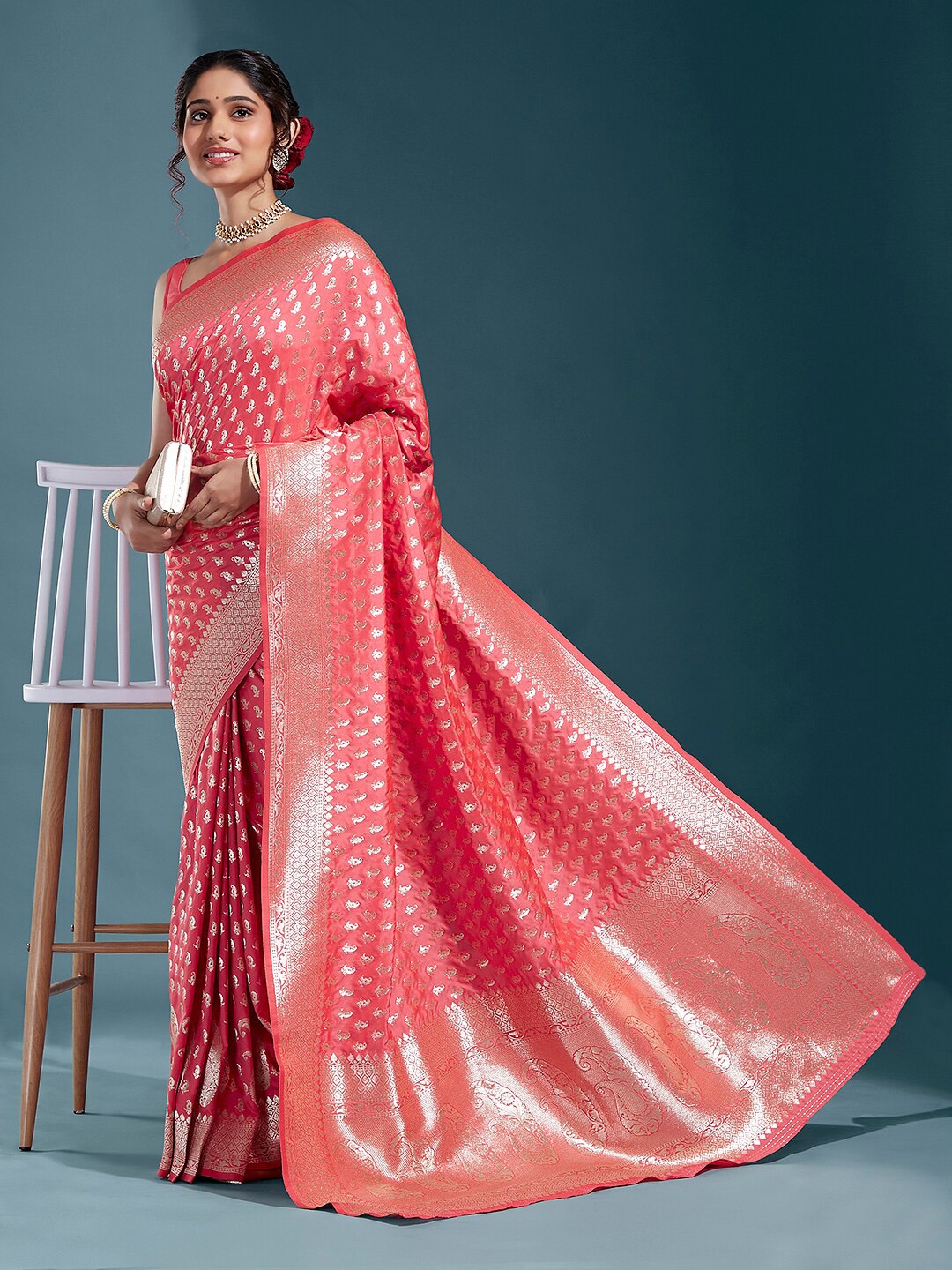 

panchhi Ethnic Woven Design Zari Satin Banarasi Saree, Coral