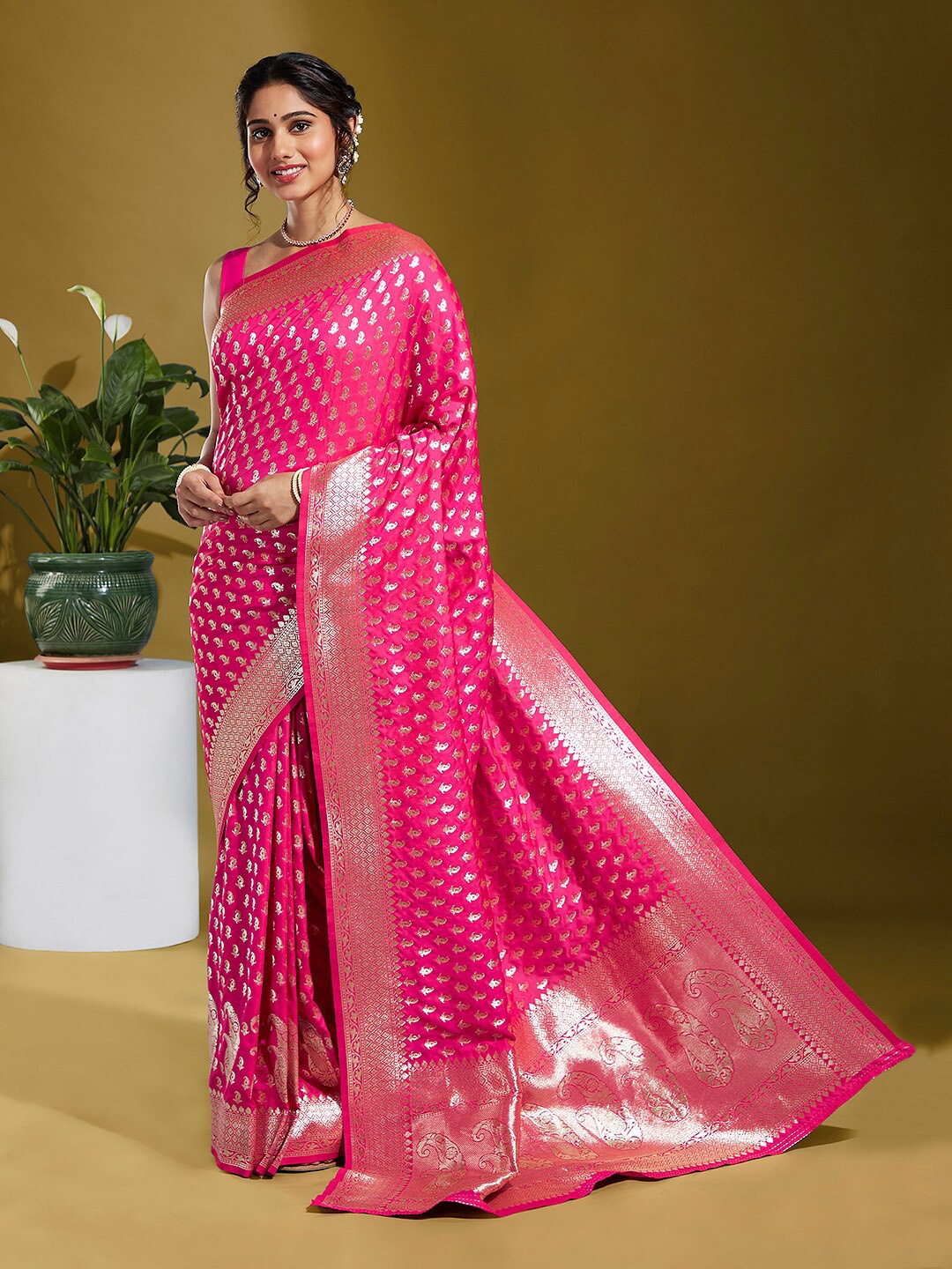 

panchhi Ethnic Woven Design Zari Satin Banarasi Saree, Pink