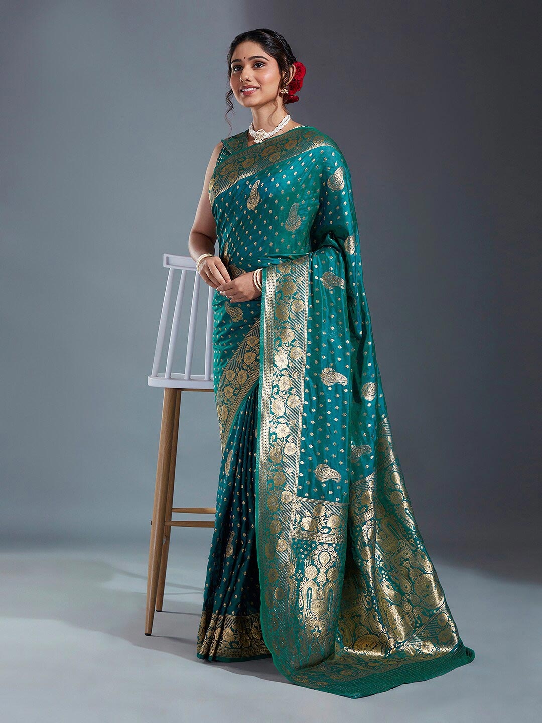 

panchhi Ethnic Woven Design Zari Satin Banarasi Saree, Teal