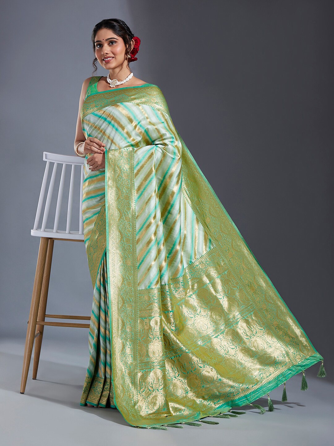 

panchhi Striped Zari Satin Banarasi Saree, Lime green