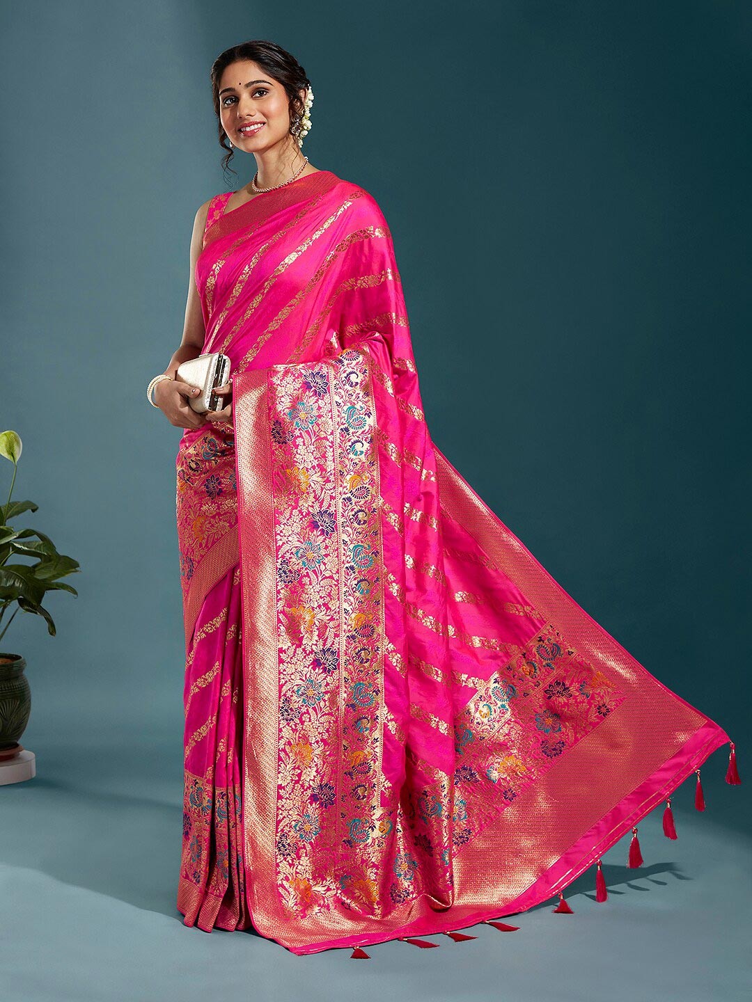 

panchhi Ethnic Woven Design Zari Satin Banarasi Saree, Pink