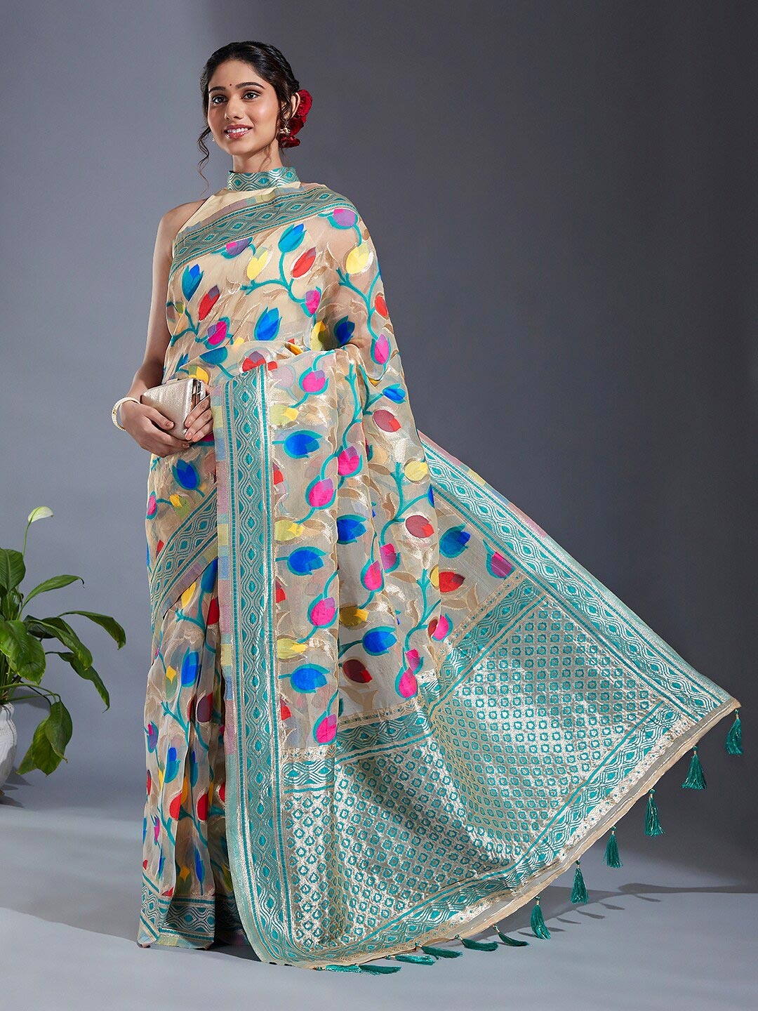 

panchhi Floral Woven Design Zari Organza Banarasi Saree, Teal