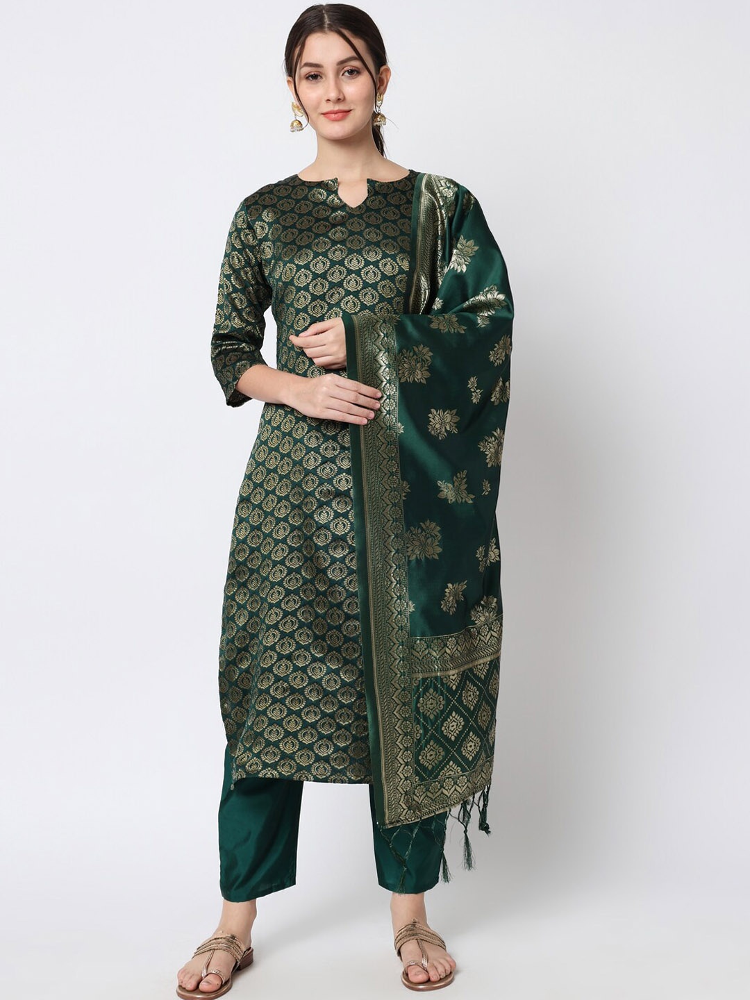 

KALINI Ethnic Motifs Woven Design Kurta with Trousers & Dupatta, Green