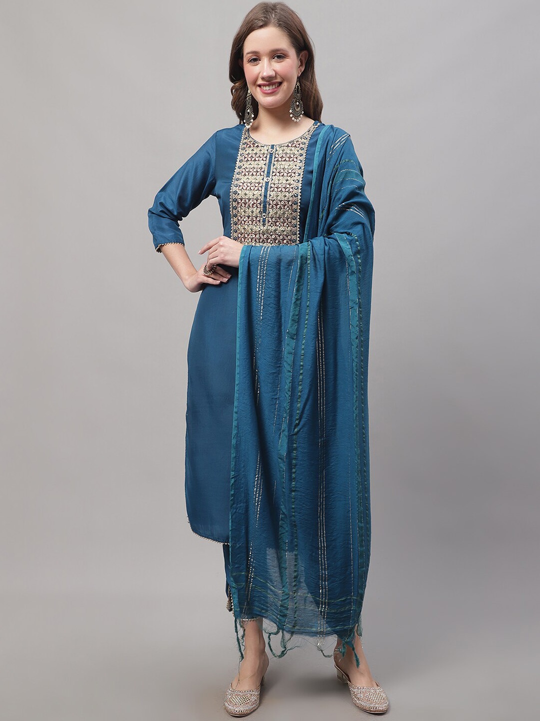 

KALINI Ethnic Motifs Yoke Design Zari Gotta Patti Kurta with Trousers & Dupatta, Navy blue