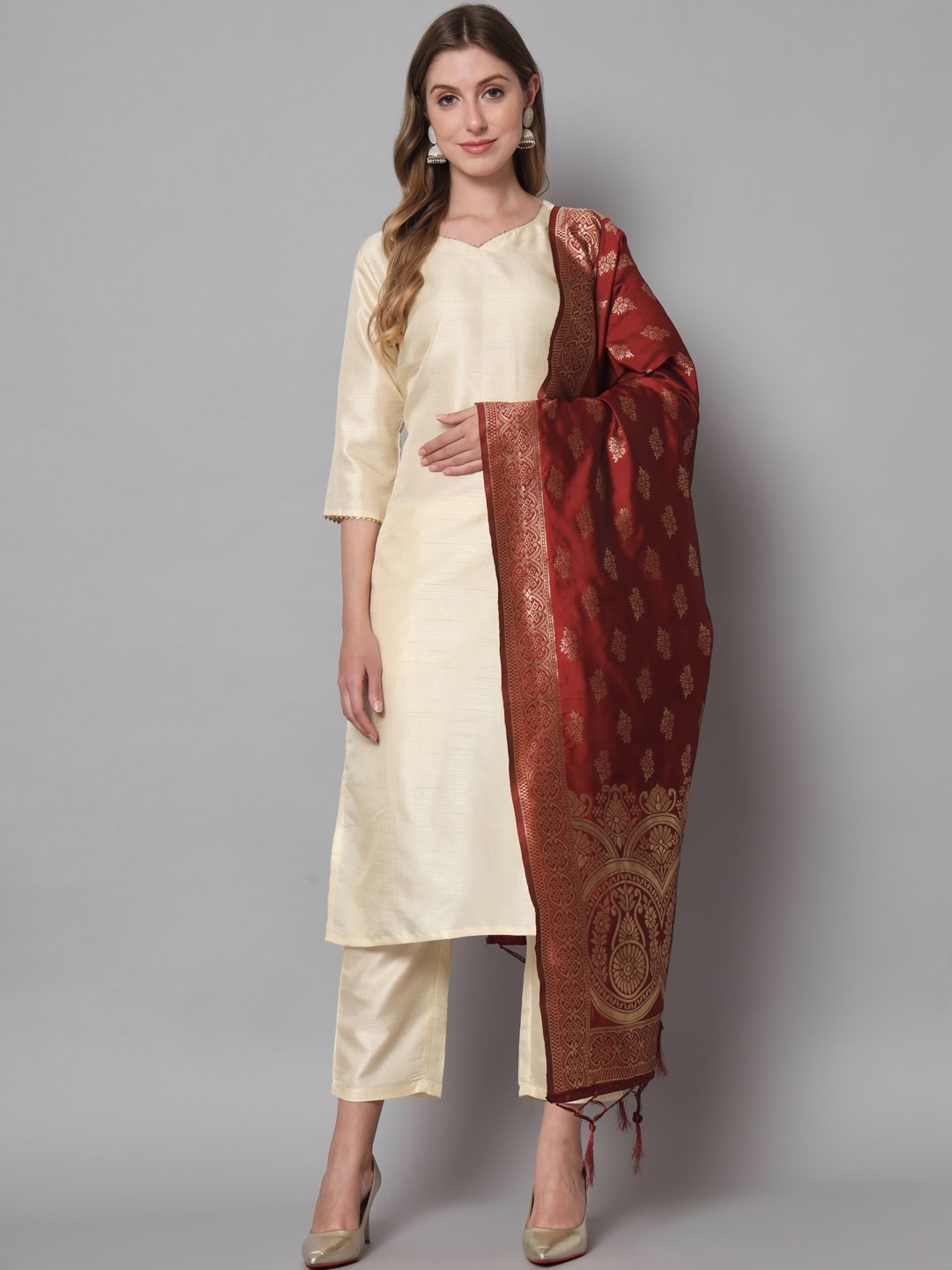 

KALINI Gotta Patti Kurta with Trousers & Dupatta, Cream