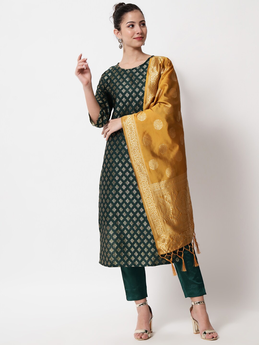 

KALINI Ethnic Motifs Regular Kurta with Trousers & Dupatta, Green
