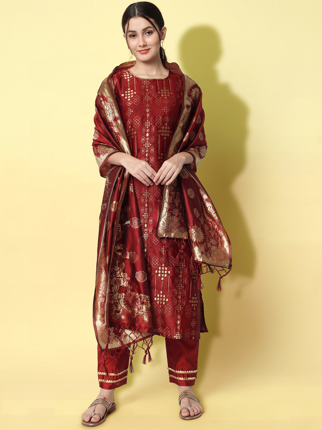 

KALINI Ethnic Motifs Woven Design Kurta with Trousers & Dupatta, Maroon