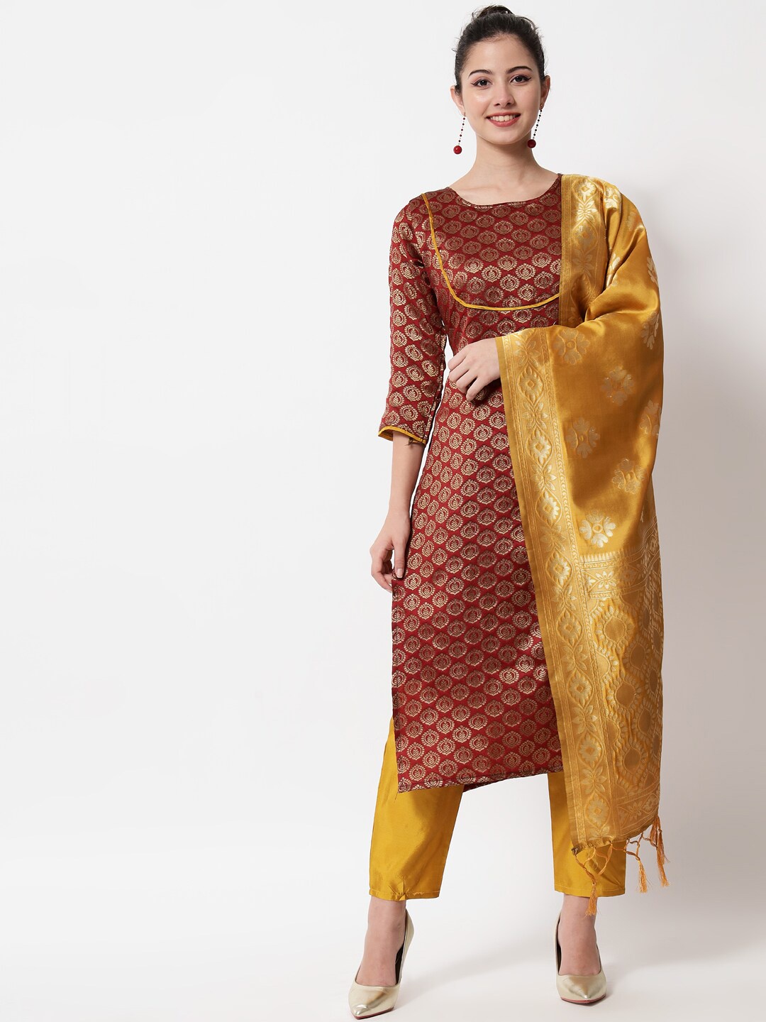 

KALINI Ethnic Motifs Woven Design Kurta with Trousers & Dupatta, Maroon