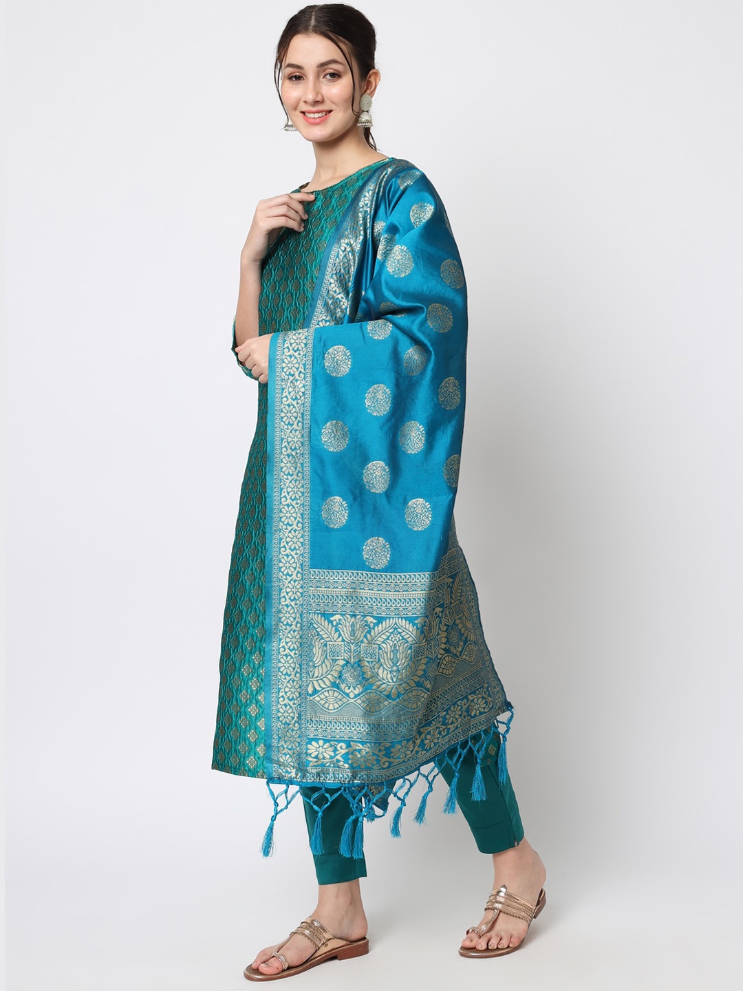 

KALINI Ethnic Motifs Woven Design Kurta with Trousers & Dupatta, Teal