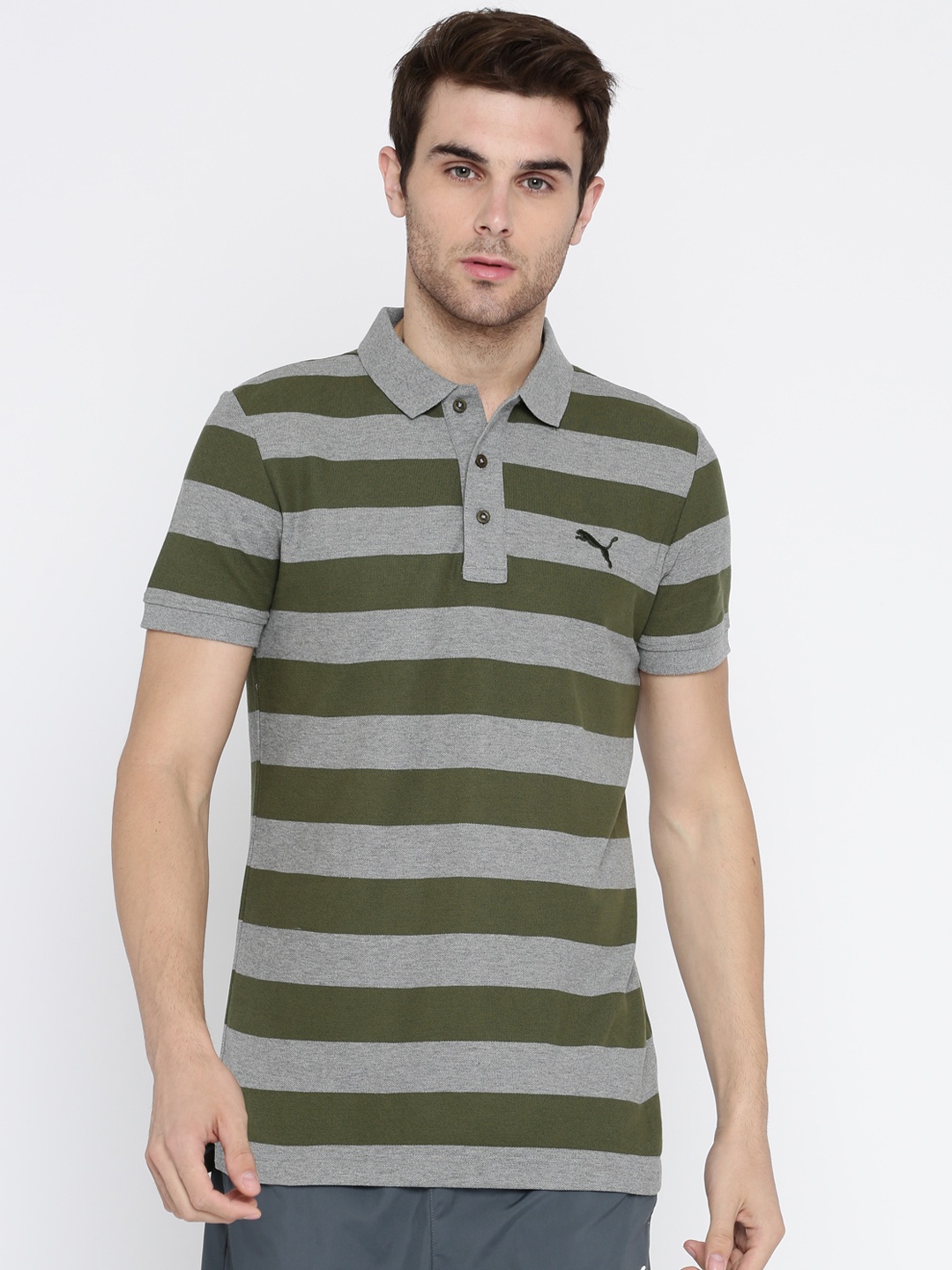 

Puma Men Grey & Olive Green Striped Polo Collar ESS T-shirt