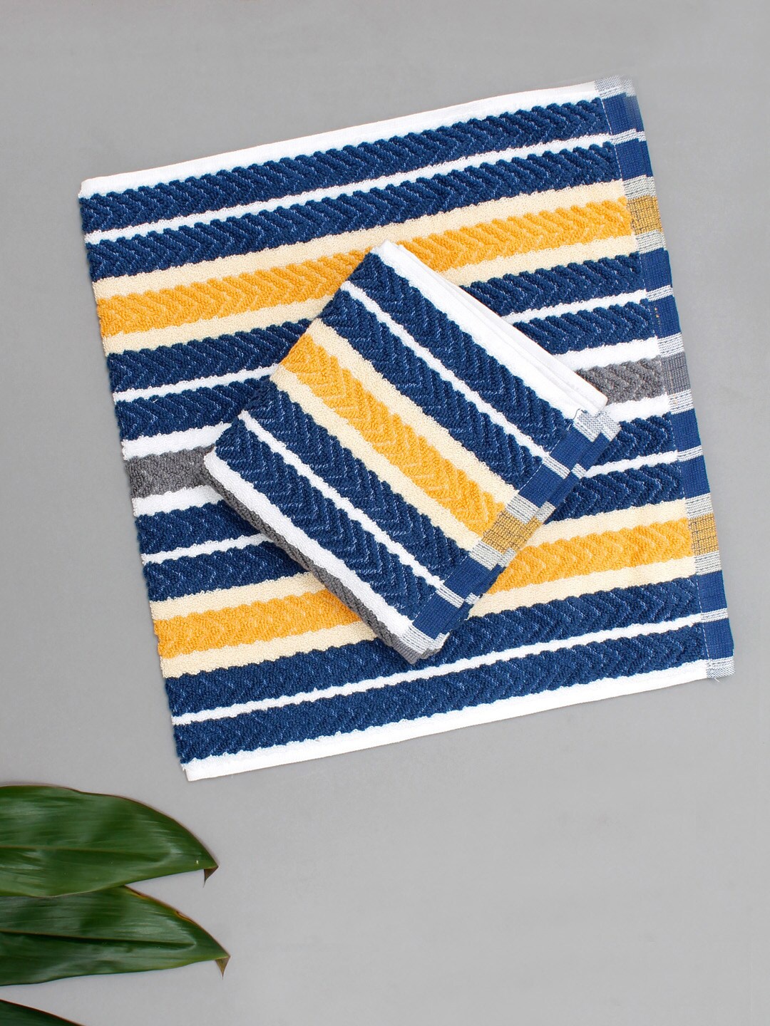 

AVI Living Blue & Mustard-Yellow 2-Pieces Herringbone 500 GSM Pure Cotton Hand Towels