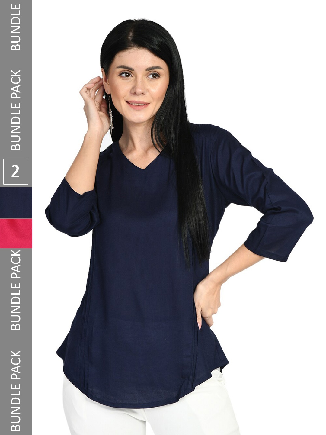 

IndiWeaves Pack Of 2 V-Neck Top, Navy blue