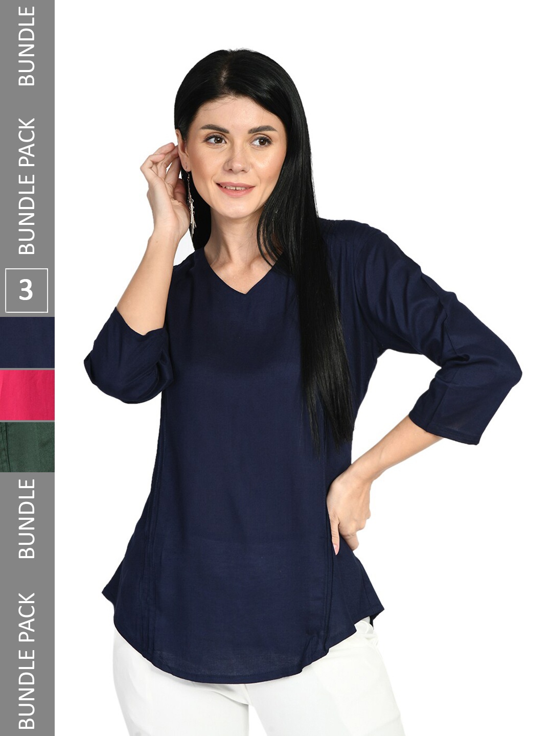 

IndiWeaves Pack Of 3 V-Neck Top, Navy blue