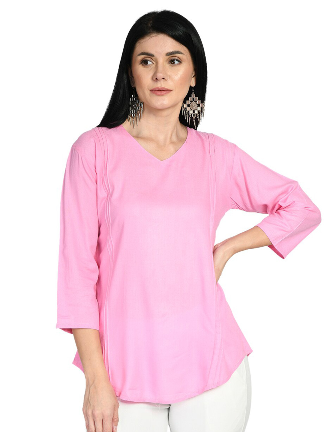 

IndiWeaves V-Neck Three-Quarter Sleeves Casual Top, Pink