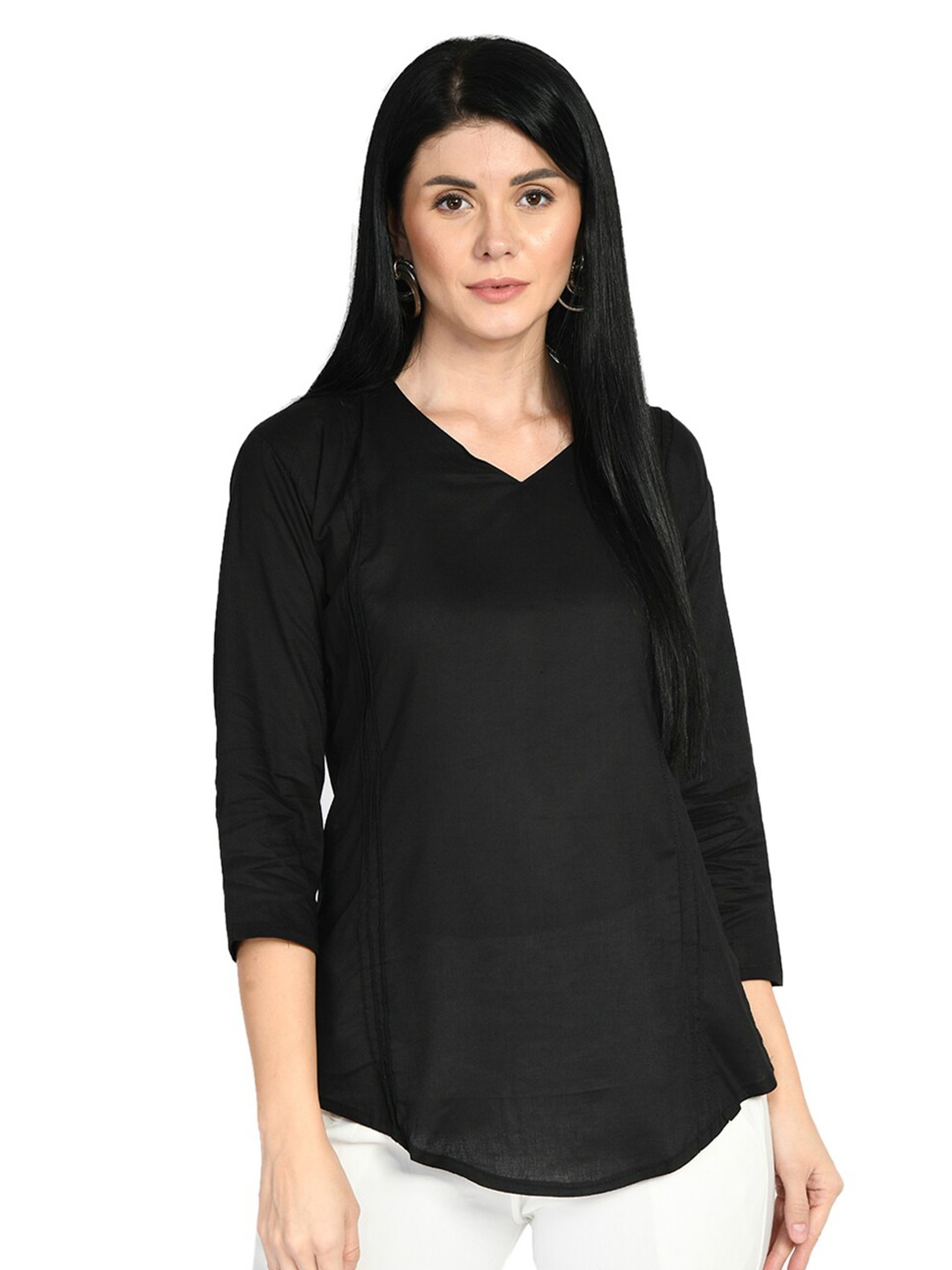 

IndiWeaves V-Neck Three-Fourth Sleeve Casual Top, Black