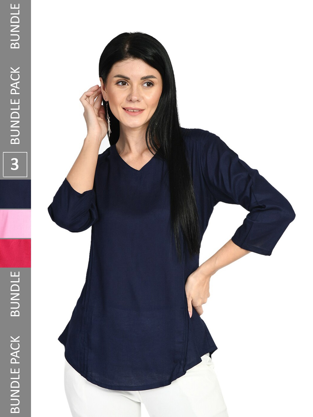 

IndiWeaves Pack of 3 V-Neck Tops, Navy blue