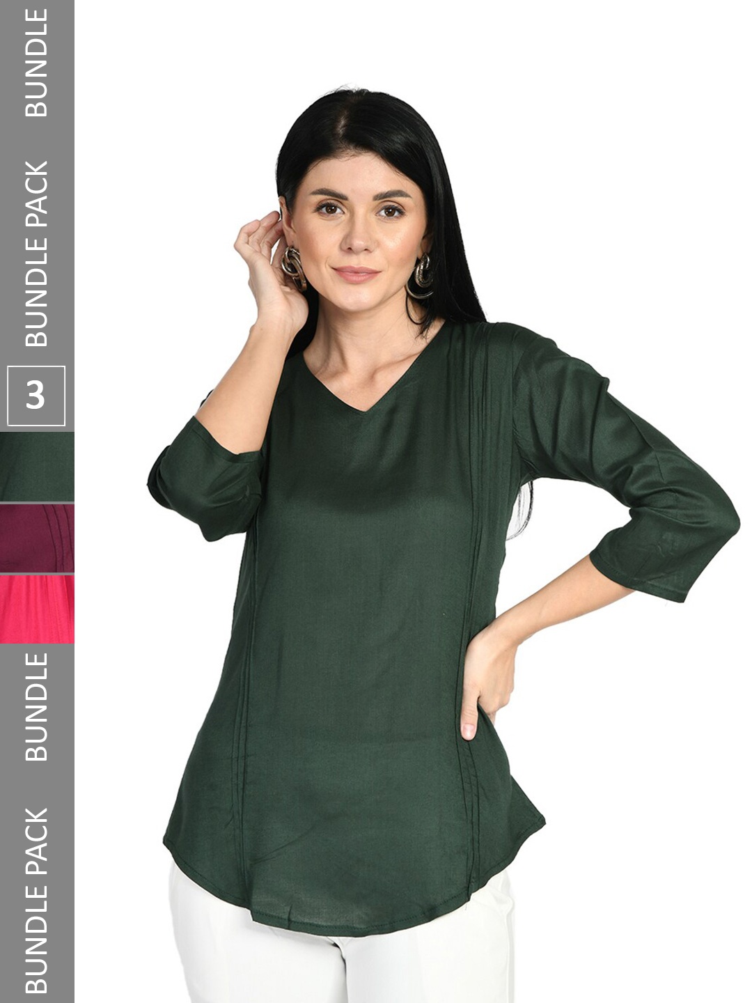 

IndiWeaves Pack of 3 V-Neck Regular Top, Green