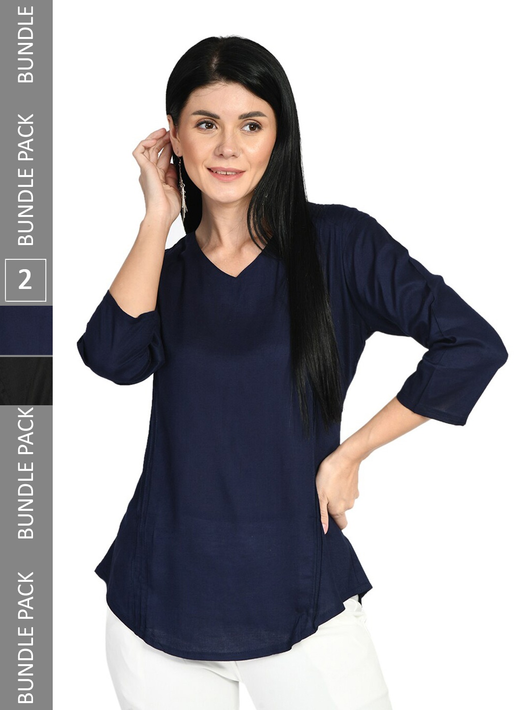 

IndiWeaves Pack Of 2 V-Neck Top, Navy blue